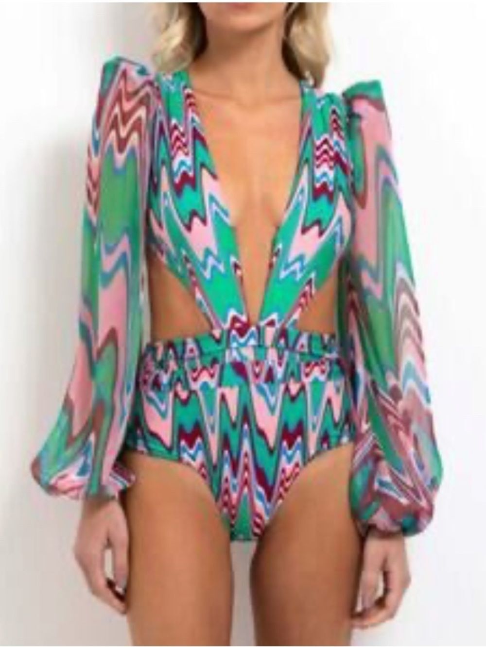 NWT Wave Long Sleeve Cut Out One Piece in Green Multi PATBO